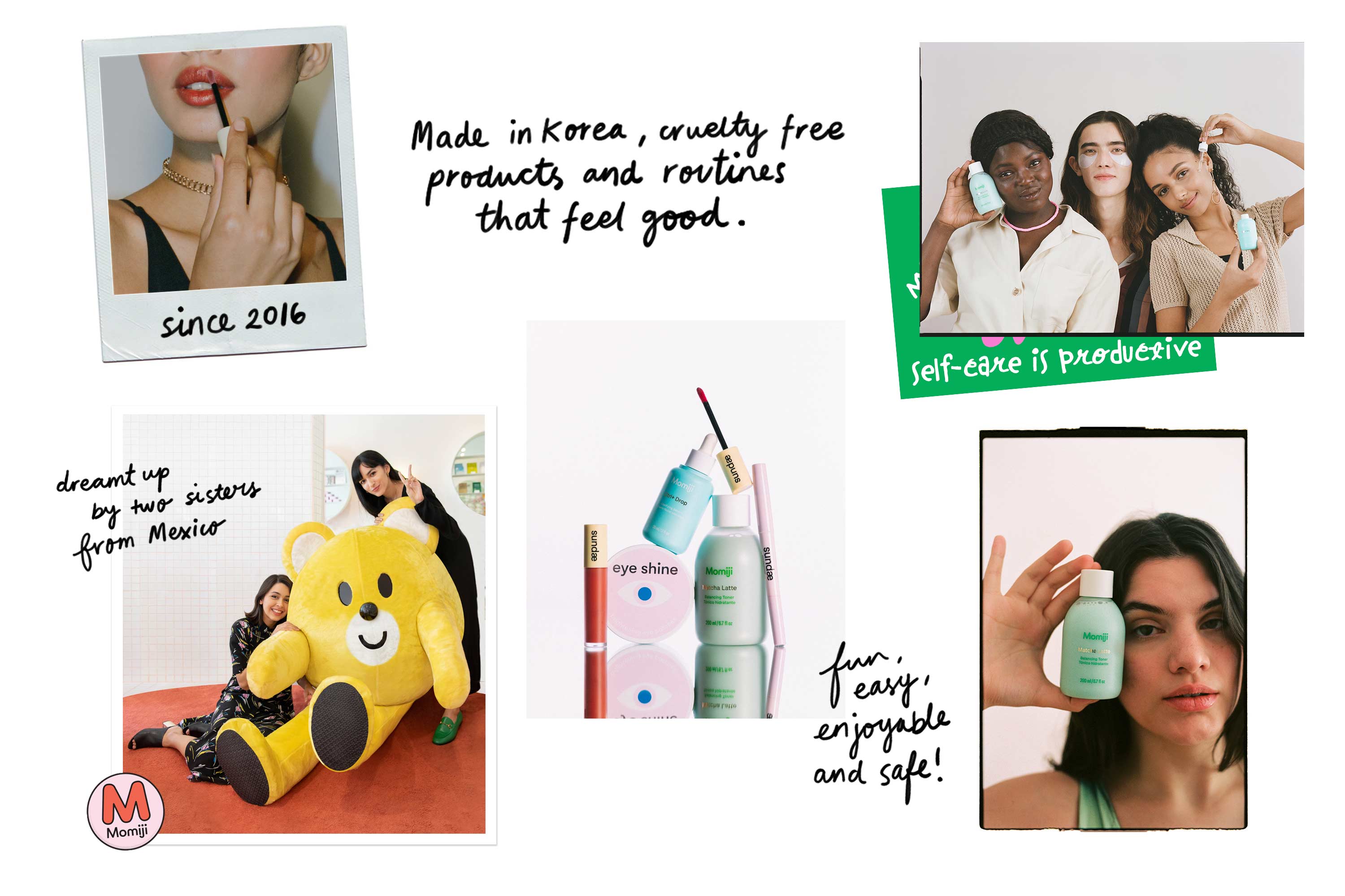 Photo collage with product photos of Momiji brand.